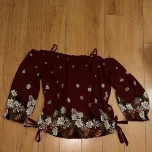 Zenobia Burgundy Off-Shoulder Floral Blouse